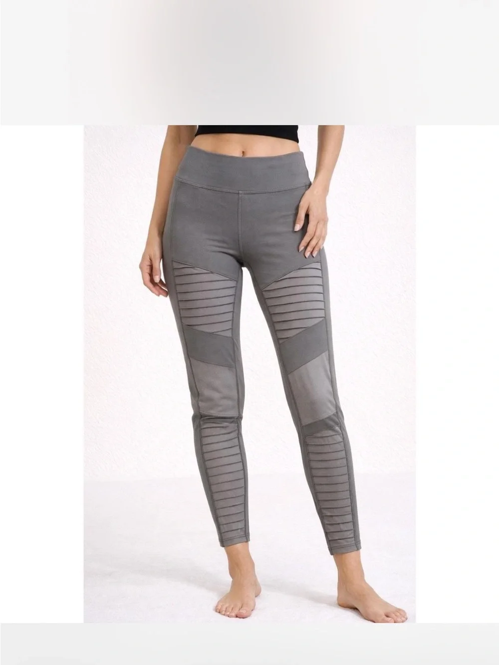 Alo Yoga Moto Leggings Gray Ribbed Panel Yoga Size M Low Waist EUC